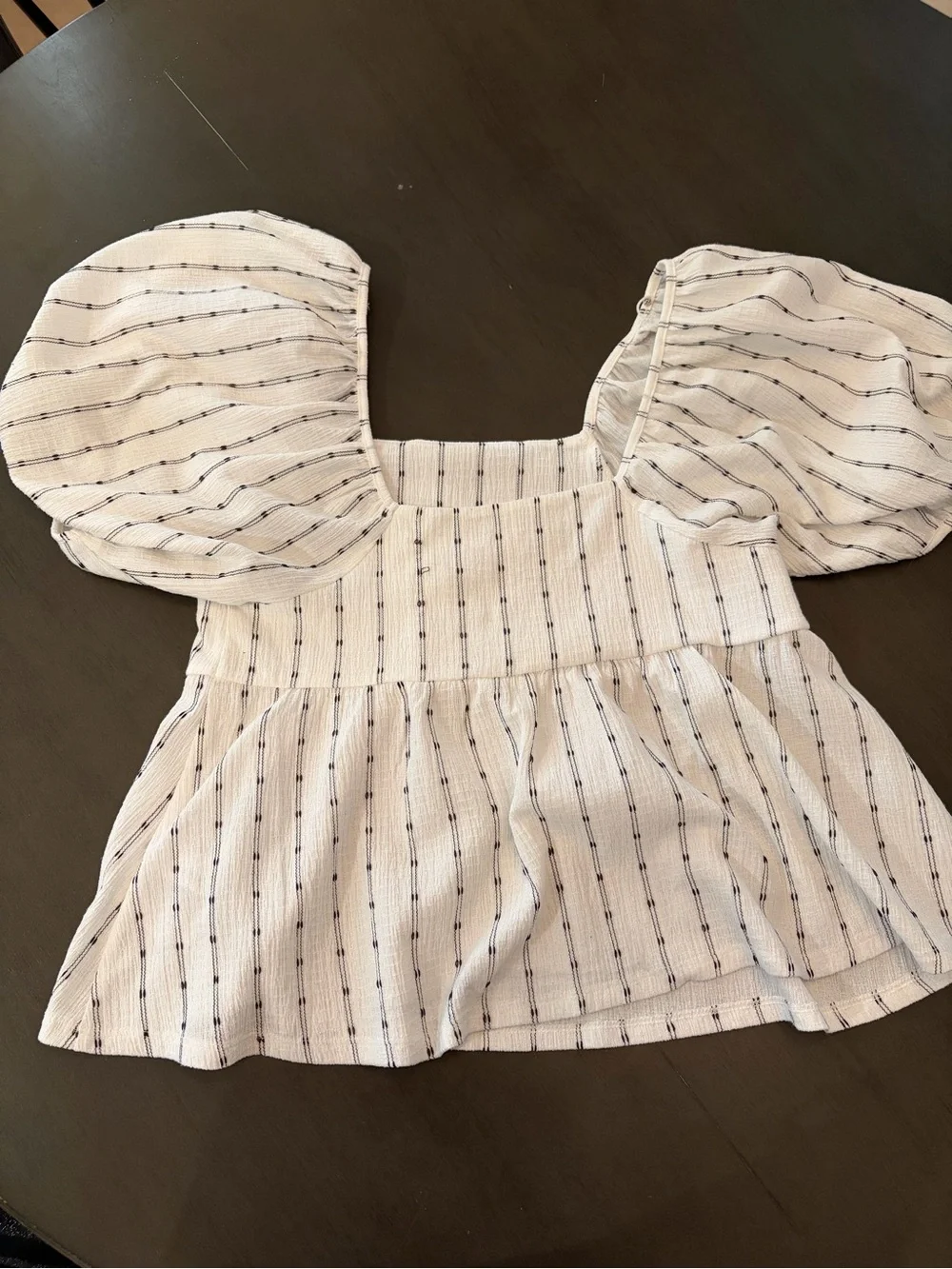 Madewell White Pinstripe Puff-Sleeve Square-Neck Top